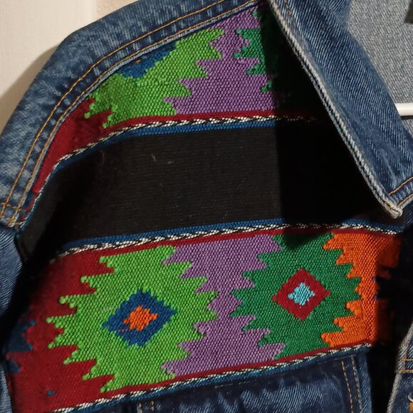 Maya Jones Import Women Blue Denim Jacket Size Large Southwest Aztec Design - Picture 8 of 15